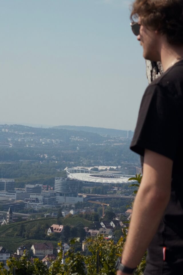 Ein Mann blickt von einem Weinberg hinab auf das Stadion und die Stadt Stuttgart.