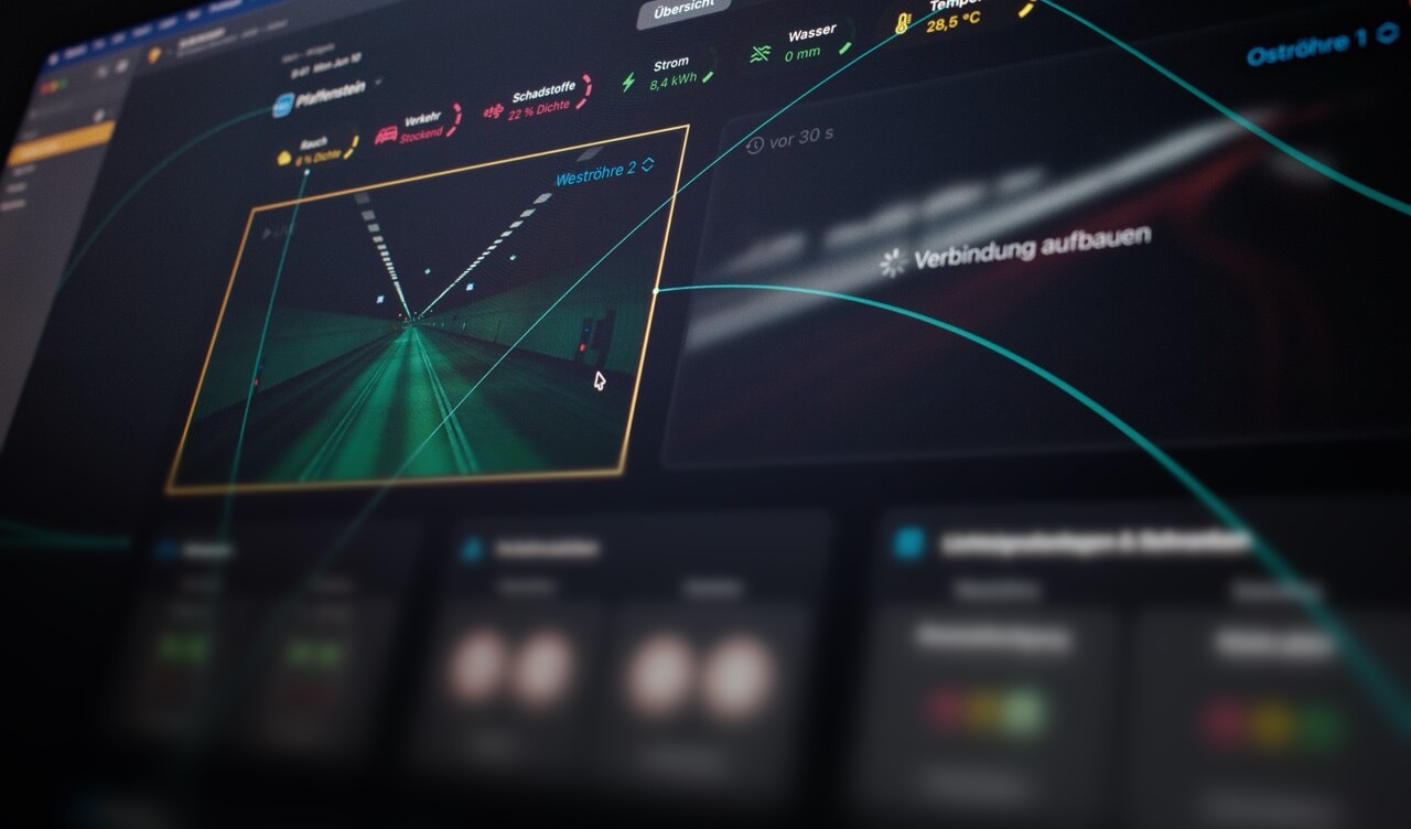 Ein Dashboard zur Überwachung eines Tunnels mit einer Video-Liveansicht auf einem Monitor.