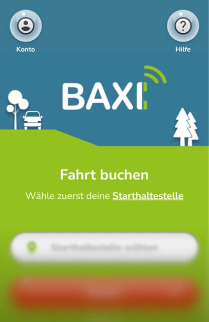 Der Startbildschirm der Mitfahr-App BAXI mit der Funktion 'Fahrt buchen'.