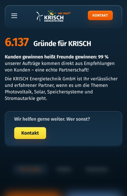 Die mobile Webseite von KRISCH Energietechnik mit Informationen zu den Leistungen der Firma.