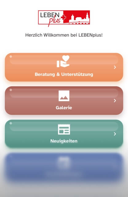 Der Startbildschirm der App 'LEBENplus'.