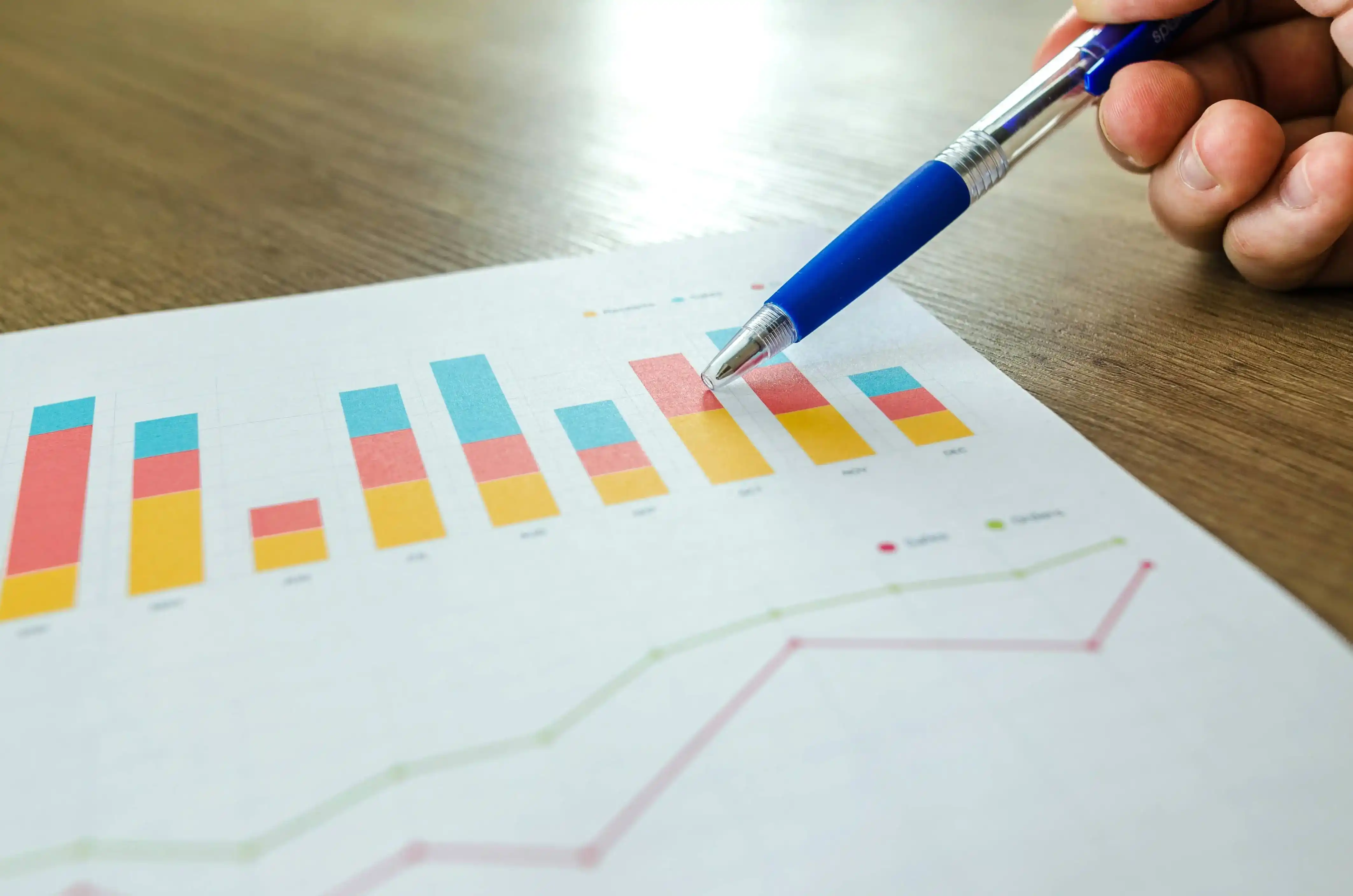 Auf einem Tisch liegt eine Grafik auf der ein kommuliertes Balkendiagramm erkennbar ist. Jemand zeigt mit einem Kugelschreiber auf die Grafik.