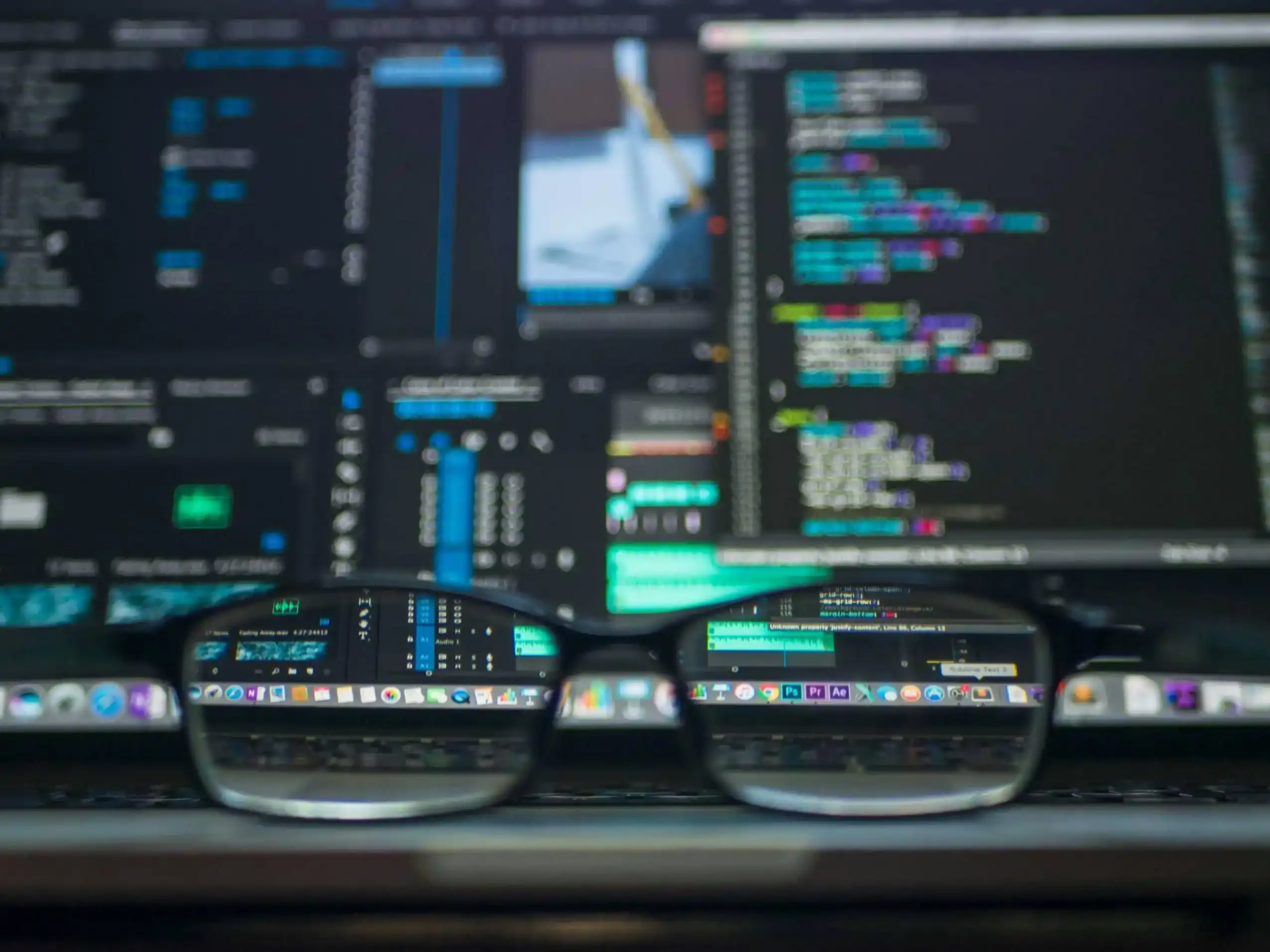 Nahaufnahme von einem Laptop, davor liegt eine Brille, alles innerhalb der Gläßer ist scharf, der Hintergrund ist unscharf. Auf dem Bildschirm kann man Code erkennen.